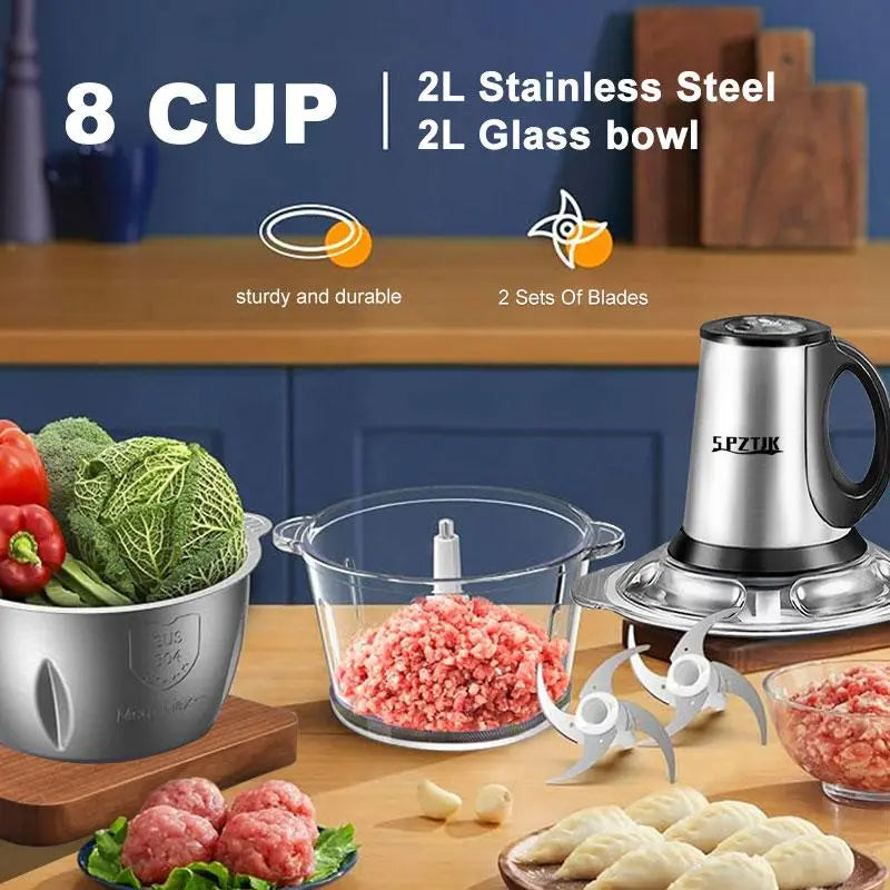“SPZTJK Multi-Functional Electric Chopper features a dual-bowl design, handling meat and vegetables with ease. Sharp blades and high-speed chopping make meal prep fast and effortless.”