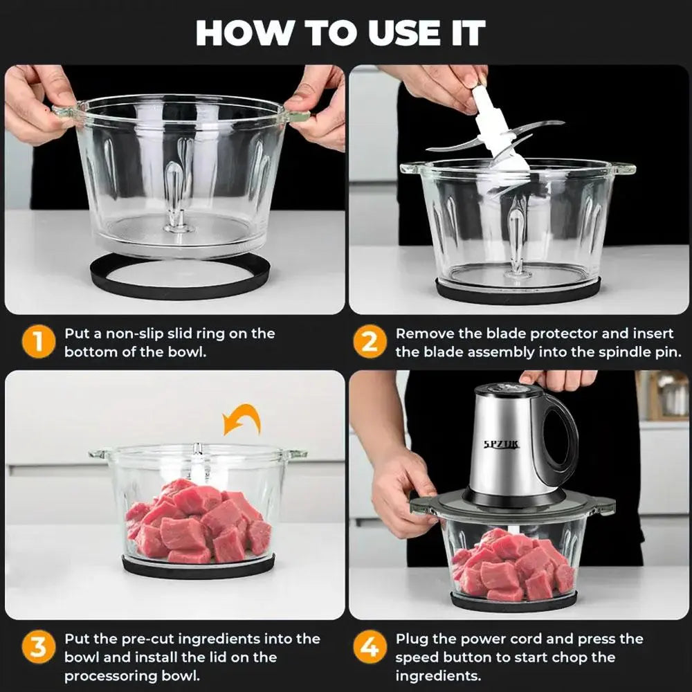 “SPZTJK Multi-Functional Electric Chopper features a dual-bowl design, handling meat and vegetables with ease. Sharp blades and high-speed chopping make meal prep fast and effortless.”