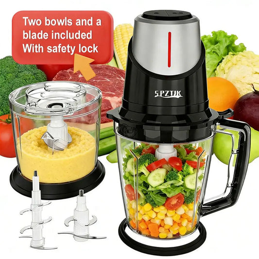“SPZTJK Multi-Functional Electric Chopper features a dual-bowl design, handling meat and vegetables with ease. Sharp blades and high-speed chopping make meal prep fast and effortless.”