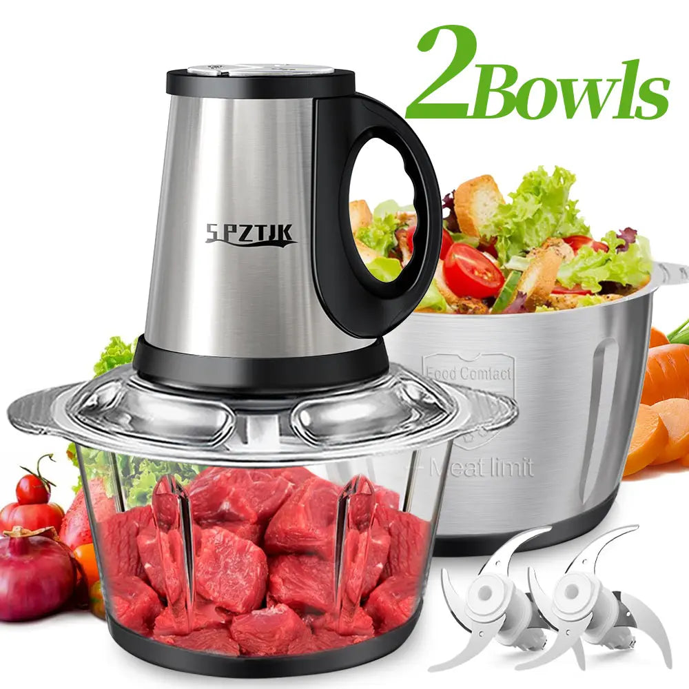 “SPZTJK Multi-Functional Electric Chopper features a dual-bowl design, handling meat and vegetables with ease. Sharp blades and high-speed chopping make meal prep fast and effortless.”
