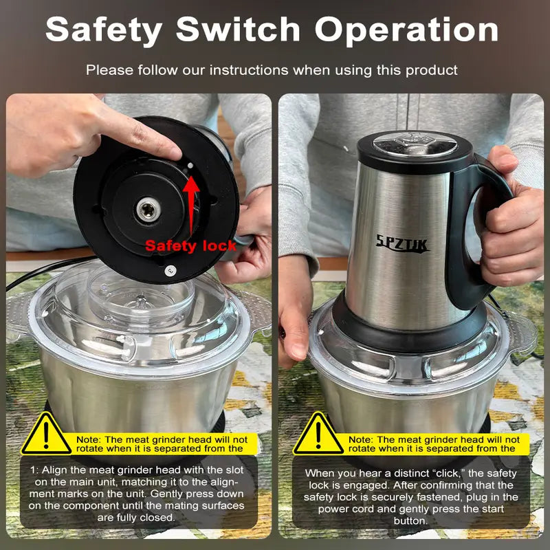 “SPZTJK Multi-Functional Electric Chopper features a dual-bowl design, handling meat and vegetables with ease. Sharp blades and high-speed chopping make meal prep fast and effortless.”
