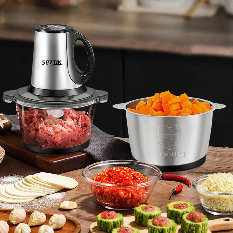 “SPZTJK Multi-Functional Electric Chopper features a dual-bowl design, handling meat and vegetables with ease. Sharp blades and high-speed chopping make meal prep fast and effortless.”