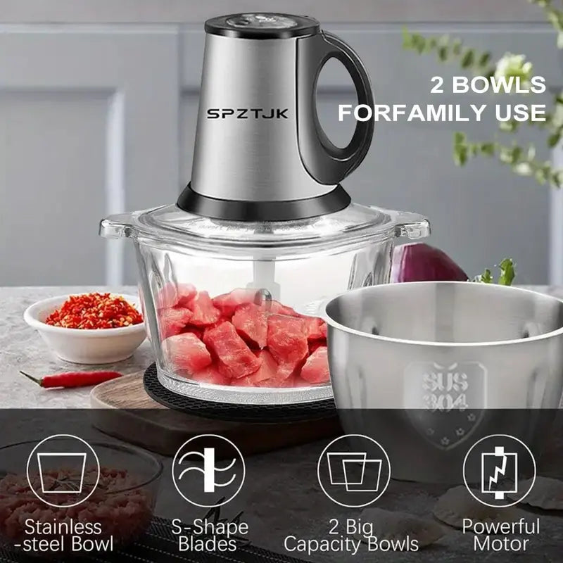 “SPZTJK Multi-Functional Electric Chopper features a dual-bowl design, handling meat and vegetables with ease. Sharp blades and high-speed chopping make meal prep fast and effortless.”